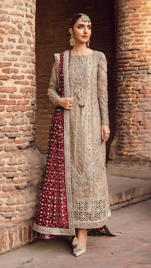 3 Piece Embroidered Couture | Widad - Mahroon Dupatta